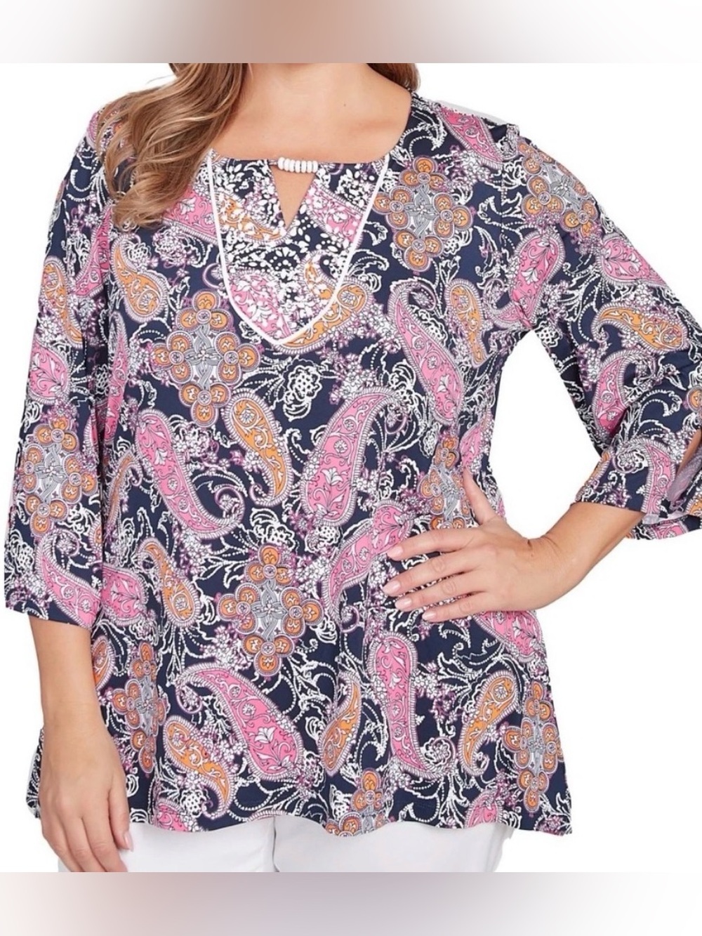 Ruby Rd. Pink Blue Paisley Embellished Top w/ Elbow Length Sleeves - Sz M - EUC